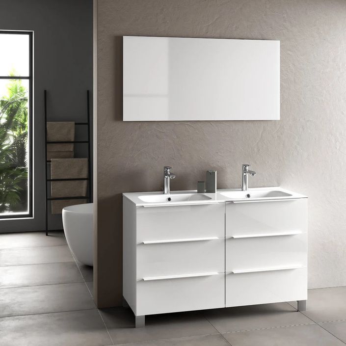 Ensemble meuble de salle de bain 6 tiroirs laqué blanc brillant et miroir Malo L 120 cm - Photo n°1