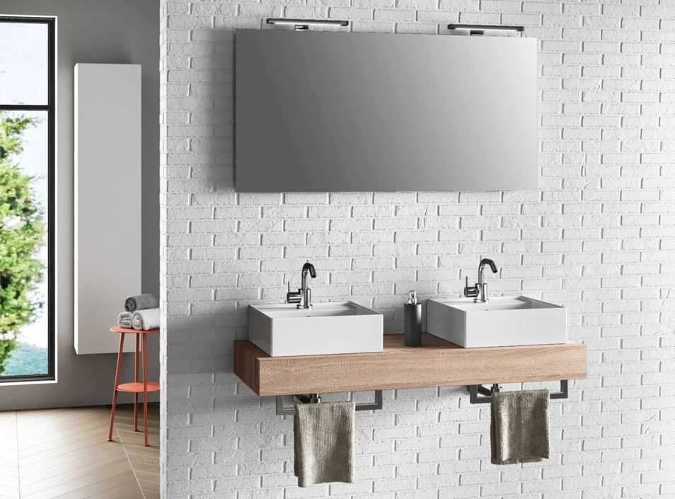 Ensemble meuble de salle de bain bois clair double vasque et miroir à LED Kyo L 120 cm - Photo n°1