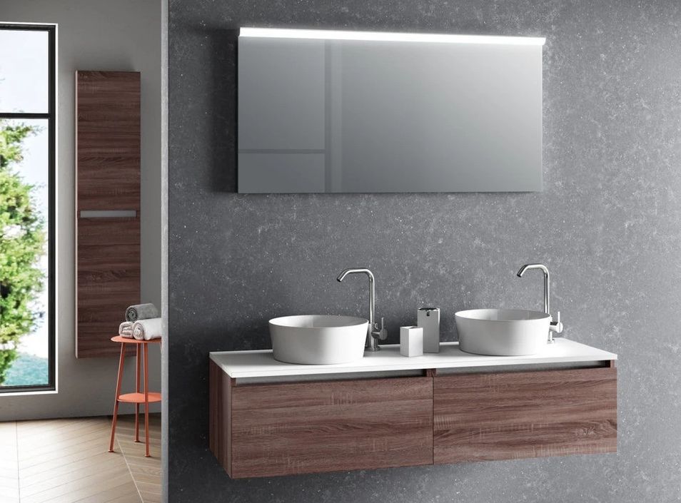 Ensemble meuble de salle de bain bois foncé 2 tiroirs double vasque et miroir lumineux Teph L 140 cm - Photo n°1