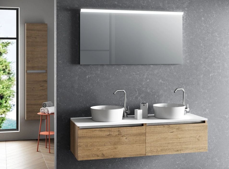 Ensemble meuble de salle de bain chêne clair 2 tiroirs double vasque et miroir lumineux Teph L 140 cm - Photo n°1