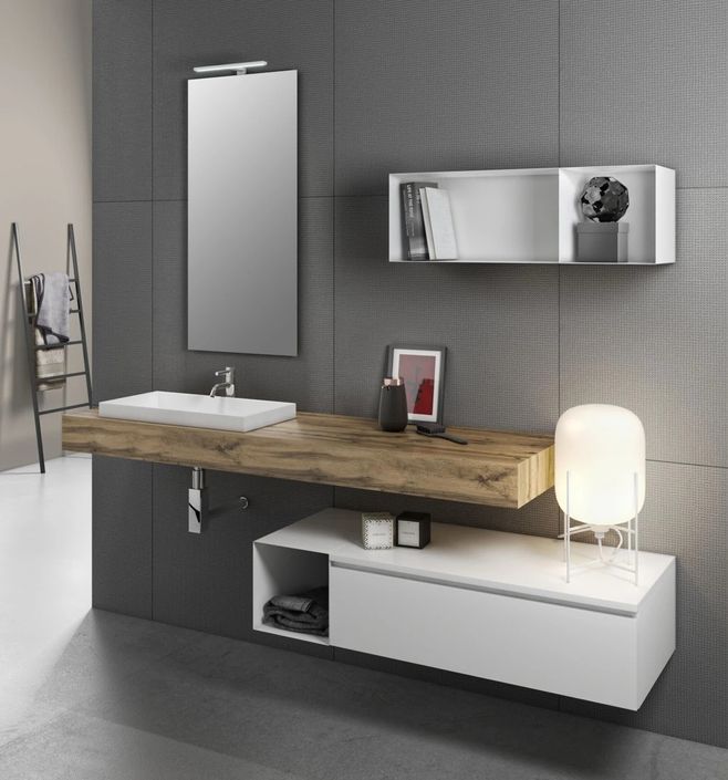 Ensemble meuble de salle de bain chêne clair avec étagère et miroir à LED Kyo L 165 cm - Photo n°1