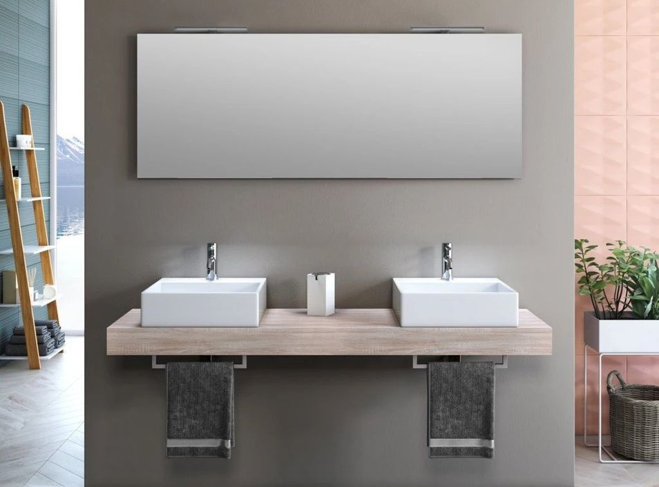 Ensemble meuble de salle de bain bois clair double vasque et miroir lumineux Kyo L 165 cm - Photo n°1