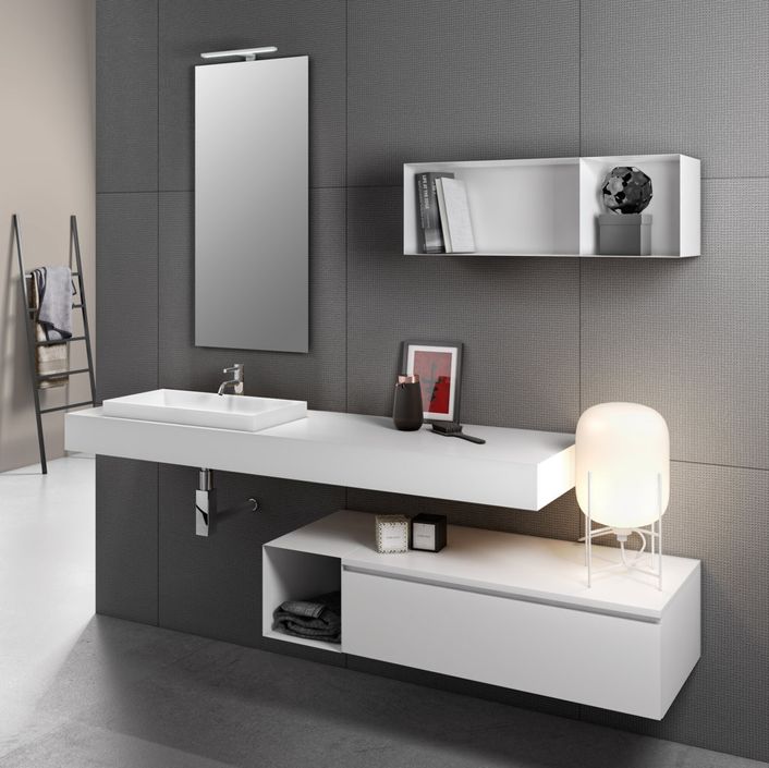 Ensemble meuble de salle de bain laqué blanc avec étagère et miroir à LED Kyo L 165 cm - Photo n°1