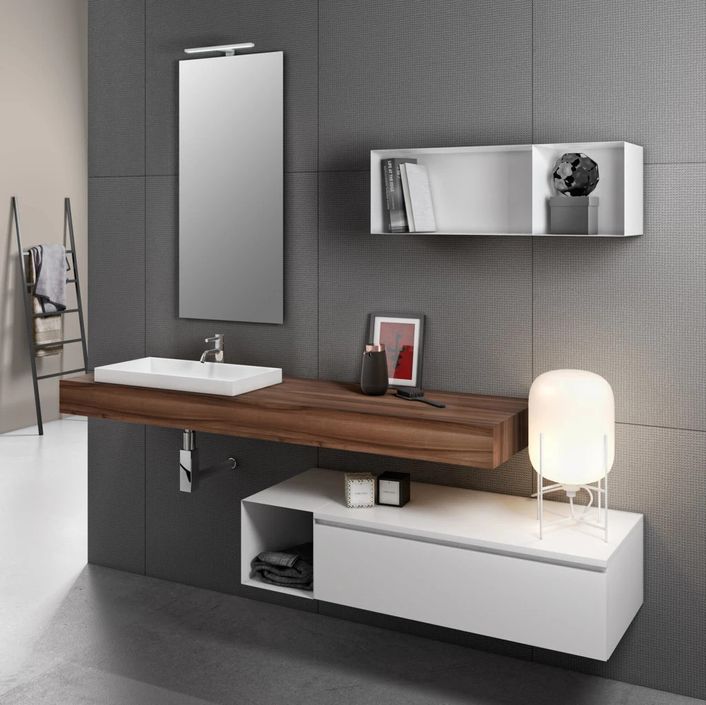 Ensemble meuble de salle de bain noyer avec étagère et miroir à LED Kyo L 165 cm - Photo n°1