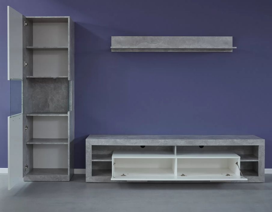 Ensemble meuble de séjour 3 pièces mélaminé blanc et gris Roska 270 cm - Photo n°3