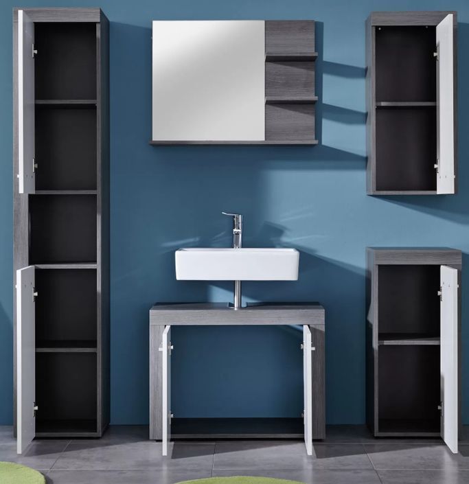 Ensemble meuble salle de bain 5 pièces blanc et gris avec miroir Anide - Photo n°3