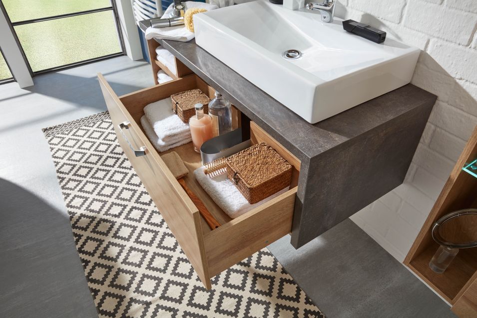 Ensemble meuble salle de bain avec vasque 3 pièces gris béton et chêne Riviera miel Babel 186 cm - Photo n°14