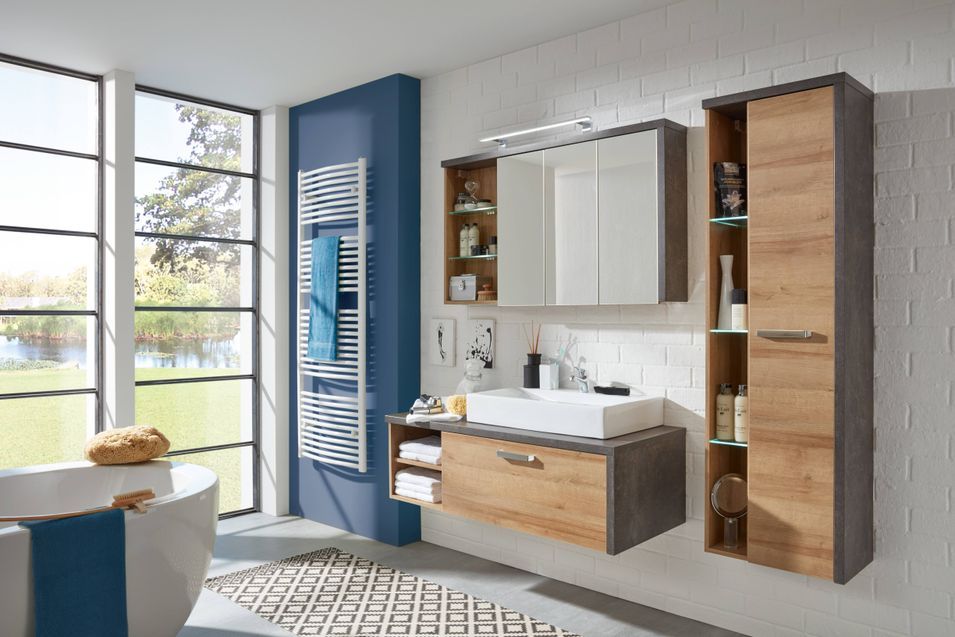 Ensemble meuble salle de bain avec vasque 3 pièces gris béton et chêne Riviera miel Babel 186 cm - Photo n°15