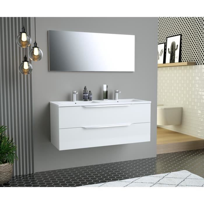 Ensemble Meuble salle de bain L 120 - Vasque + 2 tiroirs + miroir - Blanc - ZOOM - Photo n°2