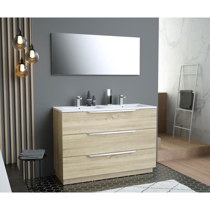 Ensemble Meuble salle de bain L 120 - Vasque + 3 tiroirs + miroir - Décor bois - ZOOM - Photo n°2