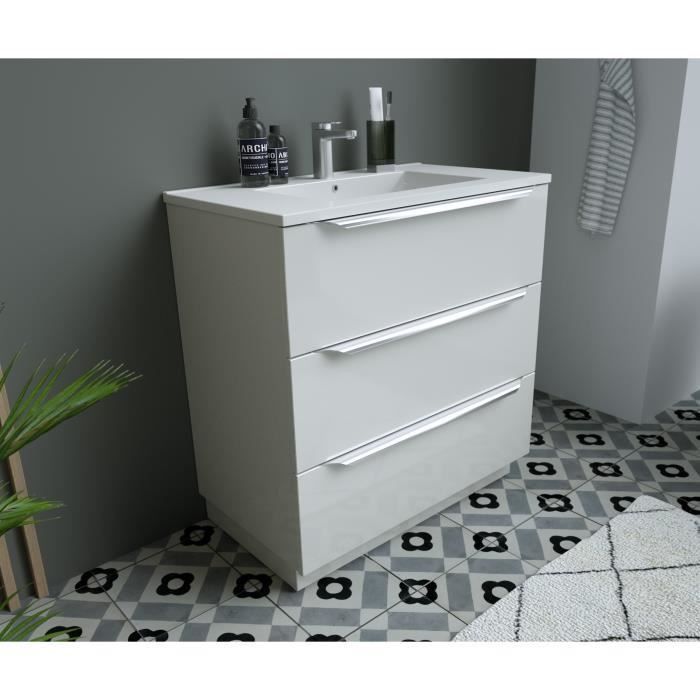 Ensemble Meuble salle de bain sur socle L 80 - Vasque + 3 tiroirs + miroir - Blanc - ZOOM - Photo n°6