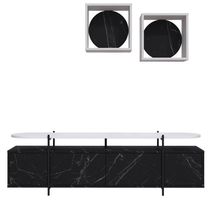 Ensemble meuble TV 4 portes et 2 étagères murales bois blanc et noir effet marbre Kusta 160 cm - Photo n°1
