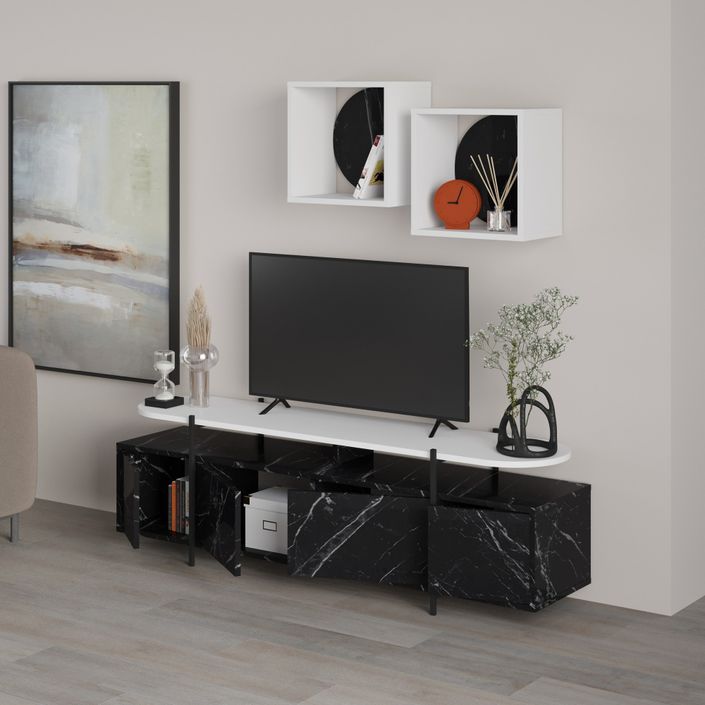 Ensemble meuble TV 4 portes et 2 étagères murales bois blanc et noir effet marbre Kusta 160 cm - Photo n°3