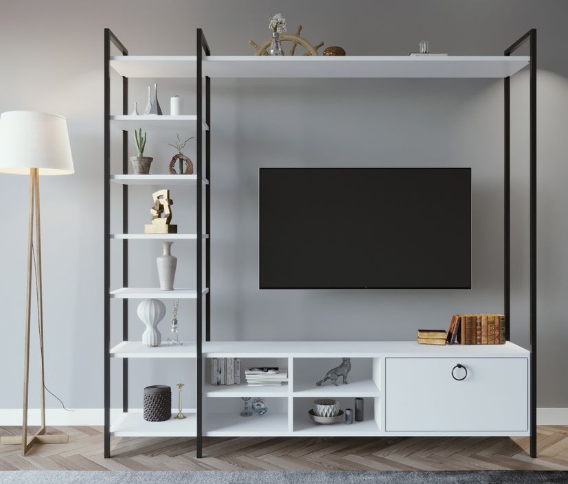 Ensemble meuble TV et bibliothèque bois blanc et noir Viza 180 cm - Photo n°1