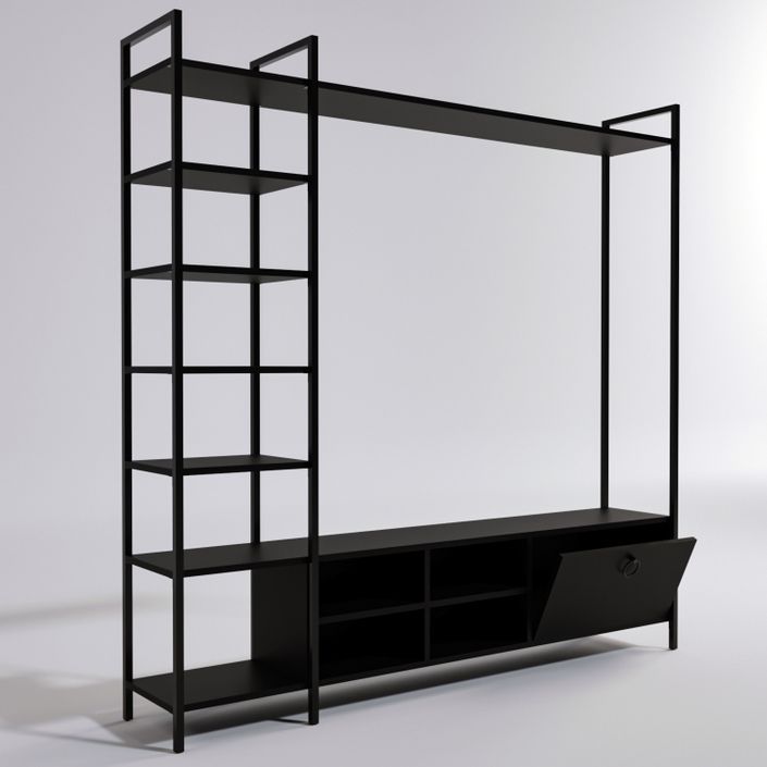 Ensemble meuble TV et bibliothèque bois noir et métal noir Viza 180 cm - Photo n°4