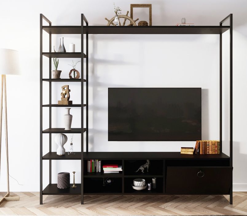 Ensemble meuble TV et bibliothèque bois noir et métal noir Viza 180 cm - Photo n°1
