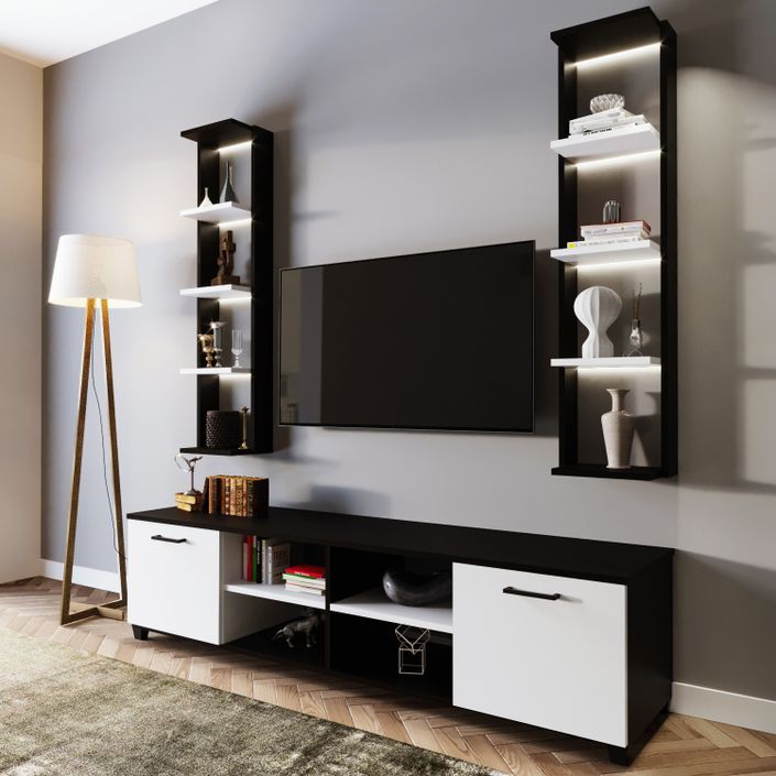 Ensemble modulable meuble TV avec bibliothèque et étagère bois blanc et noir Likaz 180 cm - Photo n°2