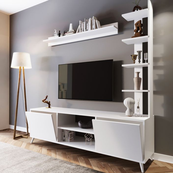 Ensemble modulable meuble TV avec bibliothèque et étagère bois blanc Likaz 180 cm - Photo n°2