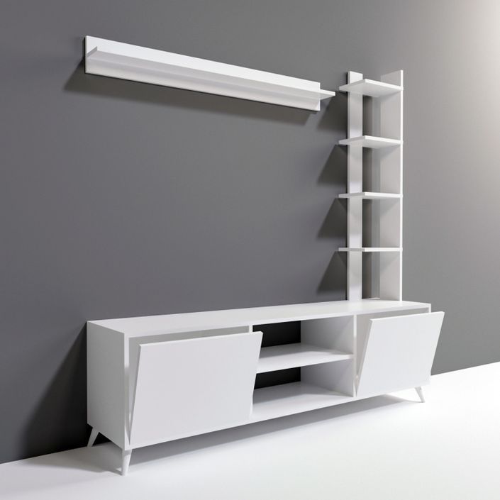 Ensemble modulable meuble TV avec bibliothèque et étagère bois blanc Likaz 180 cm - Photo n°3