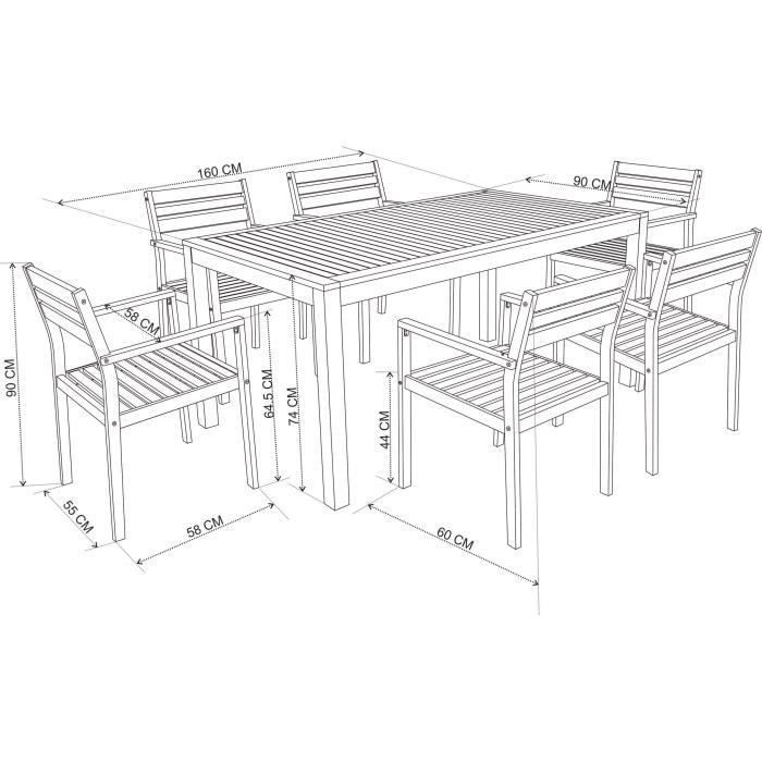 Ensemble repas de jardin 6 personnes - table 160x90cm et 6 fauteuils - Bois Acacia - Photo n°5