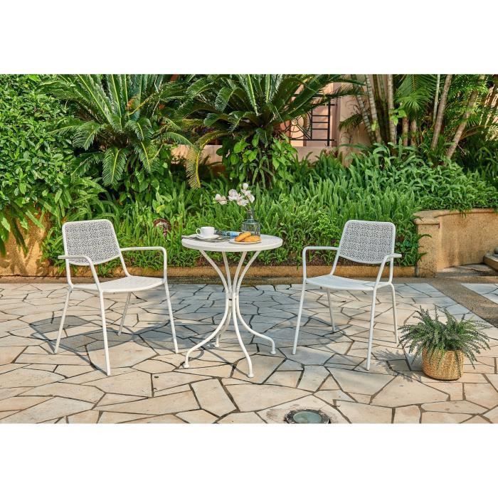 Ensemble repas de jardin ou balcon - Set bistrot table avec 2 fauteuils - Ø 60 x 70 cm - Blanc - Photo n°1
