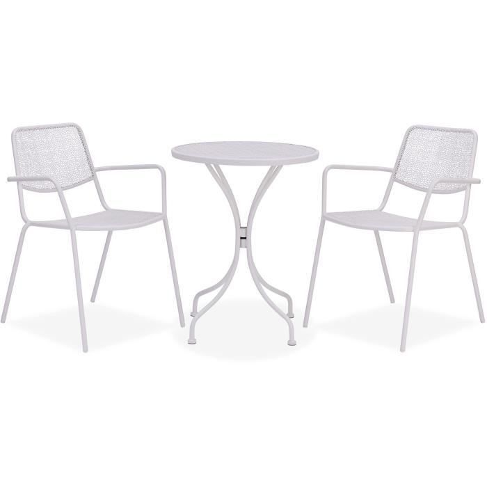 Ensemble repas de jardin ou balcon - Set bistrot table avec 2 fauteuils - Ø 60 x 70 cm - Blanc - Photo n°2