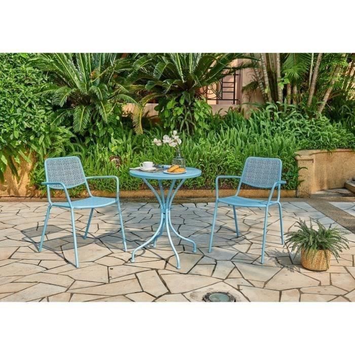 Ensemble repas de jardin ou balcon - Set bistrot table avec 2 fauteuils - Table : 60 x 70 cm, fauteuils : 54 x 64 x 77 cm - Bleu - Photo n°2