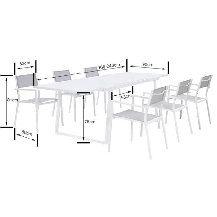 Ensemble repas de jardin - table extensible 160-240 cm et 6 fauteuils - Structure aluminium - Blanc - Photo n°3
