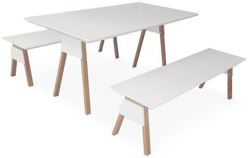 Ensemble table et 2 bancs blanc laqué Kalina - Photo n°1