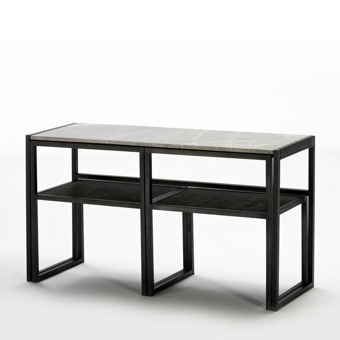 Ensemble table et 2 chaises marbre gris et métal noir Trois - Photo n°2