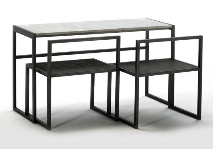Ensemble table et 2 chaises marbre gris et métal noir Trois - Photo n°1