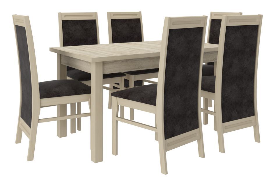 Ensemble table extensible 140/180 cm et 6 chaises en bois clair sonoma et tissu gris foncé Komba - Photo n°1