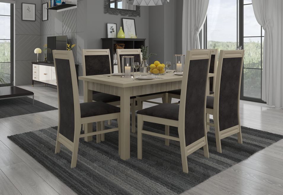 Ensemble table extensible 140/180 cm et 6 chaises en bois clair sonoma et tissu gris foncé Komba - Photo n°2