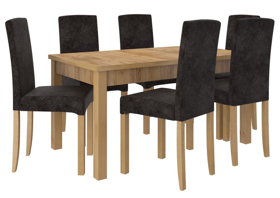 Ensemble table extensible 140/180 cm et 6 chaises en bois clair de hêtre et tissu gris foncé Zakria - Photo n°1