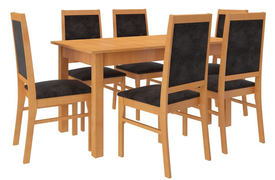 Ensemble table extensible 140/180 cm et 6 chaises en bois clair de hêtre et tissu noir Klarika - Photo n°1
