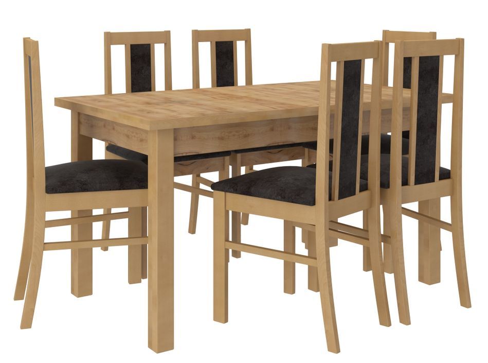 Ensemble table extensible 140/180 cm et 6 chaises en bois clair de hêtre et tissu noir Louiza - Photo n°1