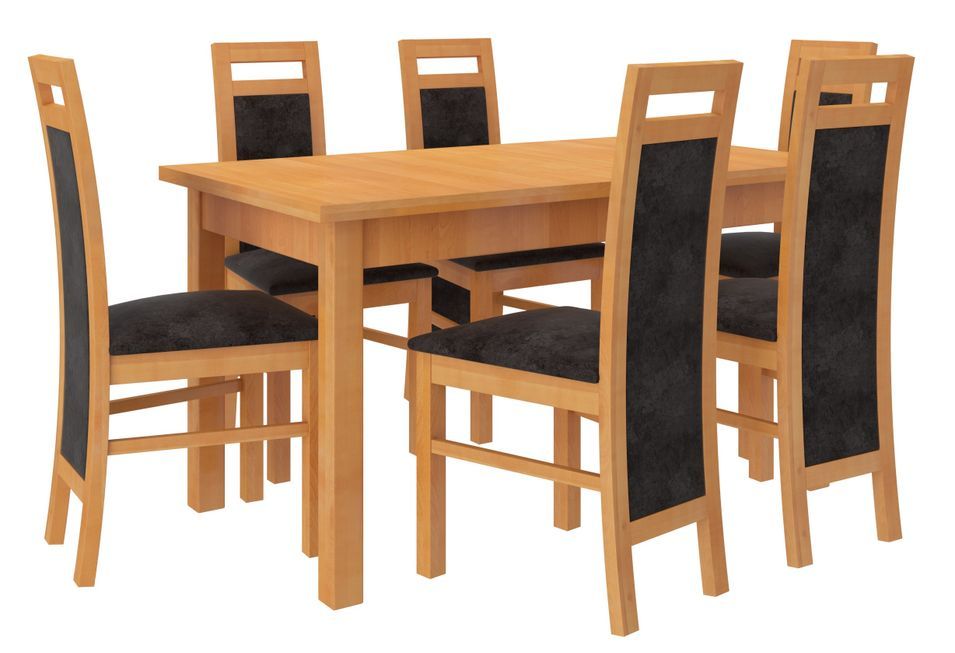 Ensemble table extensible 140/180 cm et 6 chaises en bois clair de hêtre et tissu noir Mouka - Photo n°1