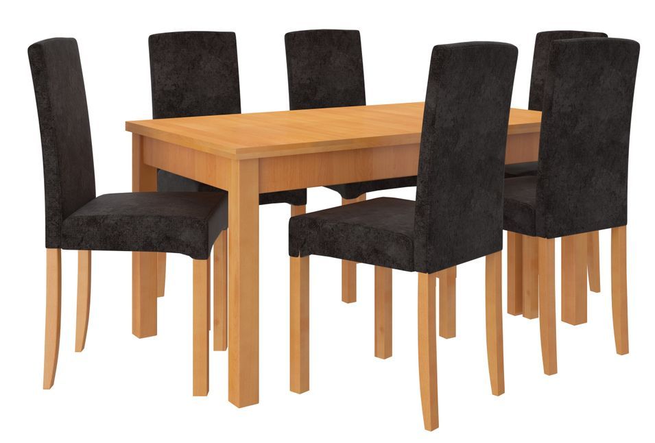Ensemble table extensible 140/180 cm et 6 chaises en bois clair de hêtre et tissu noir Zakria - Photo n°1