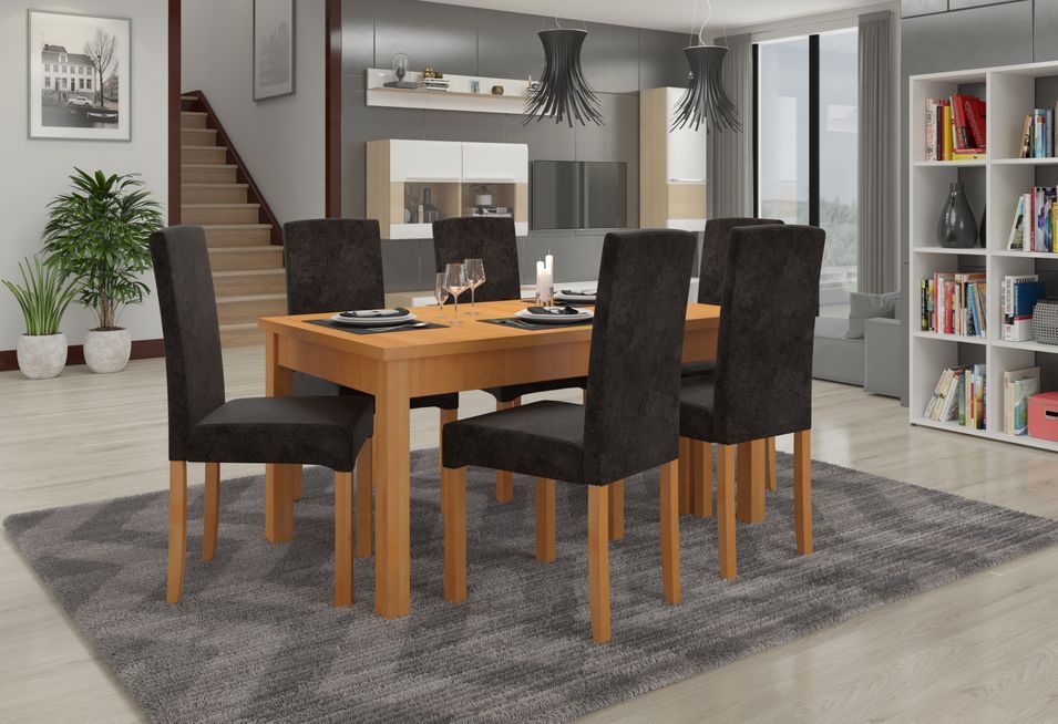 Ensemble table extensible 140/180 cm et 6 chaises en bois clair de hêtre et tissu noir Zakria - Photo n°2
