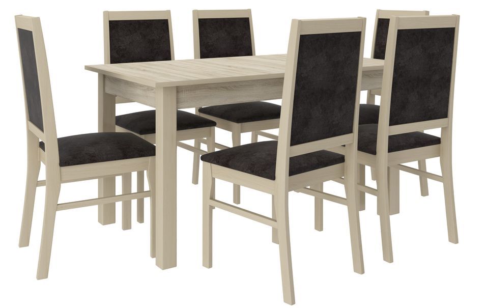 Ensemble table extensible 140/180 cm et 6 chaises en bois clair sonoma et tissu gris foncé Klarika - Photo n°1