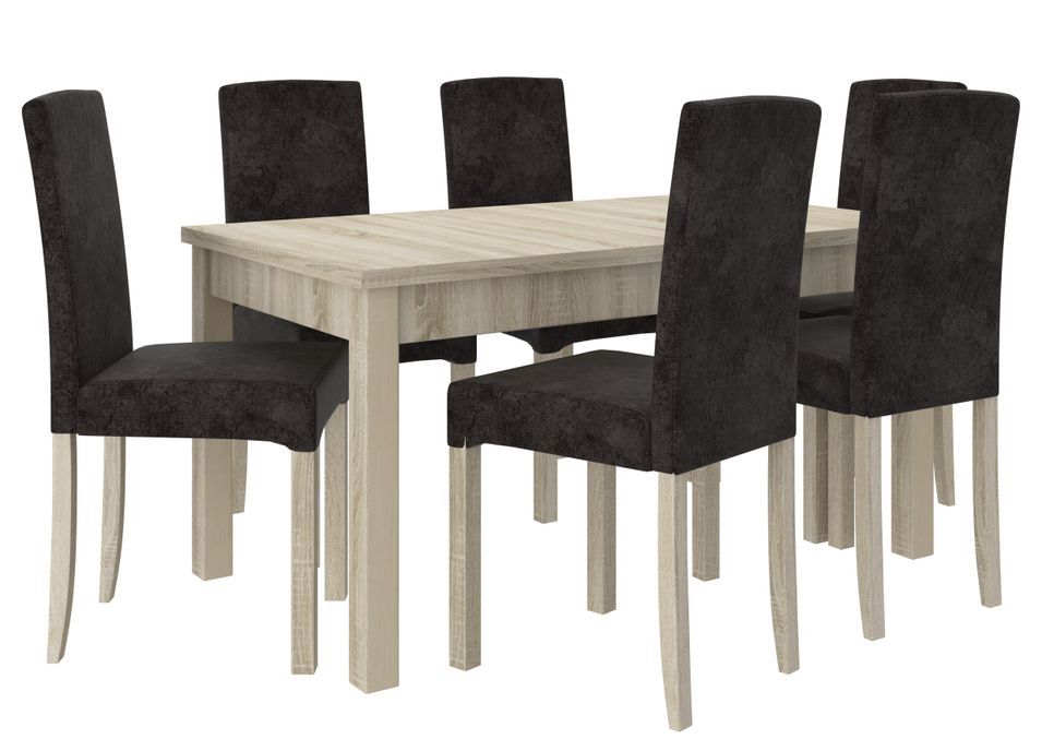 Ensemble table extensible 140/180 cm et 6 chaises en bois clair sonoma et tissu gris foncé Zakria - Photo n°1