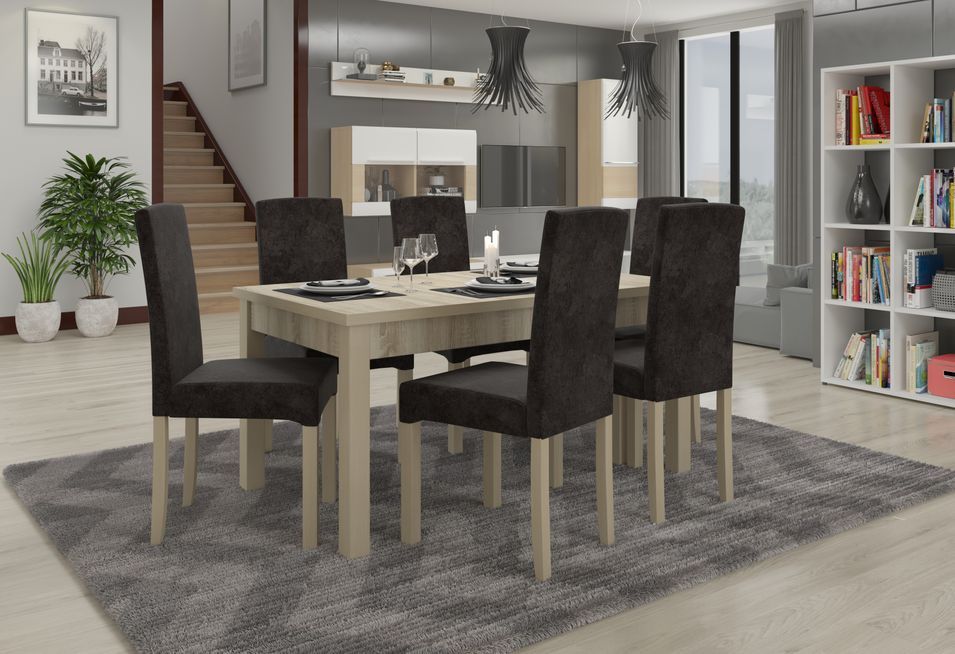 Ensemble table extensible 140/180 cm et 6 chaises en bois clair sonoma et tissu gris foncé Zakria - Photo n°2