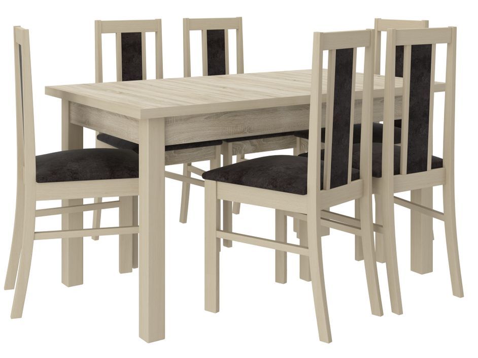 Ensemble table extensible 140/180 cm et 6 chaises en bois clair sonoma et tissu noir Louiza - Photo n°1