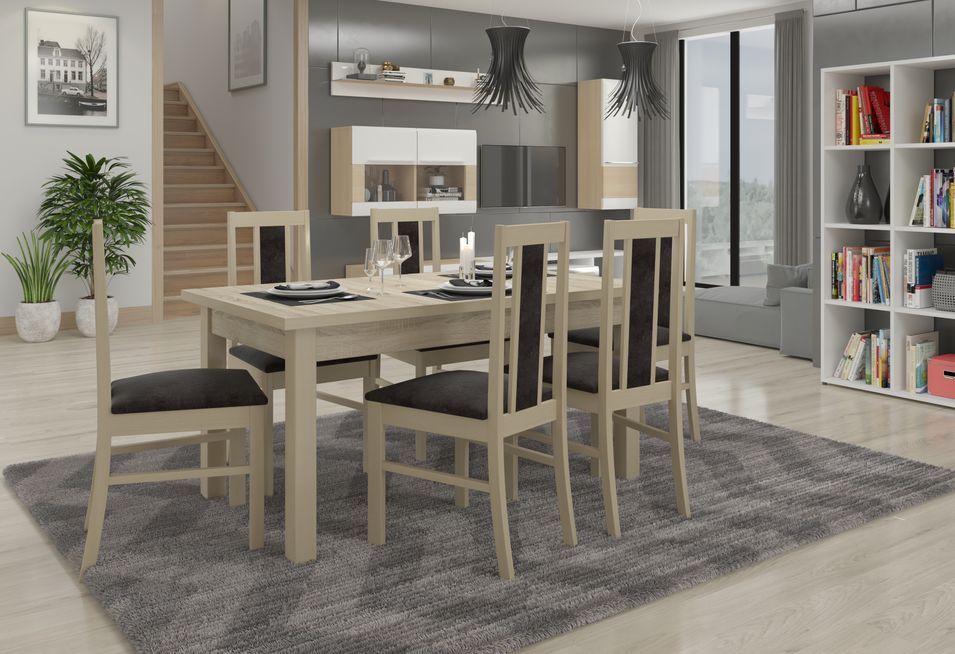 Ensemble table extensible 140/180 cm et 6 chaises en bois clair sonoma et tissu noir Louiza - Photo n°2