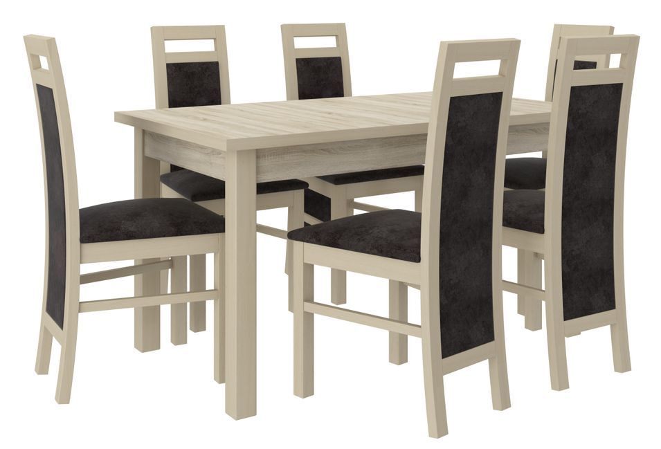 Ensemble table extensible 140/180 cm et 6 chaises en bois clair sonoma et tissu gris foncé Mouka - Photo n°1