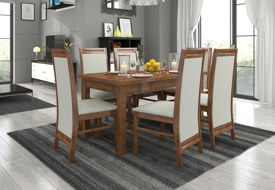 Ensemble table extensible 140/180 cm et 6 chaises en bois marron et tissu beige clair Komba - Photo n°2