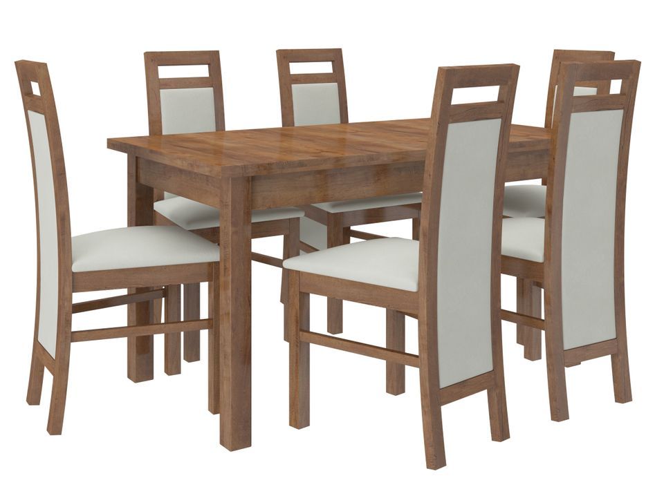 Ensemble table extensible 140/180 cm et 6 chaises en bois marron et tissu gris clair Mouka - Photo n°1