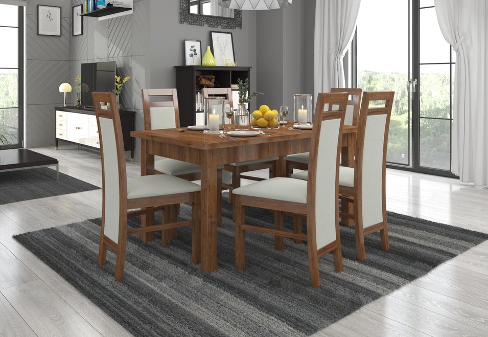 Ensemble table extensible 140/180 cm et 6 chaises en bois marron et tissu gris clair Mouka - Photo n°2