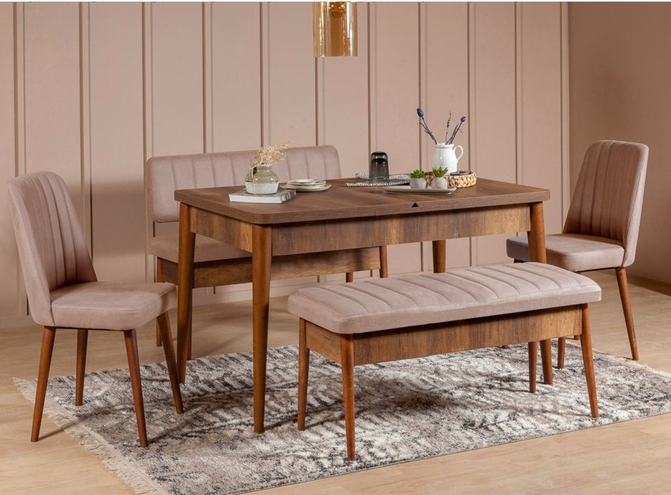 Ensemble table extensible 2 chaises et 2 bancs bois marron et tissu beige Mariva - Photo n°1