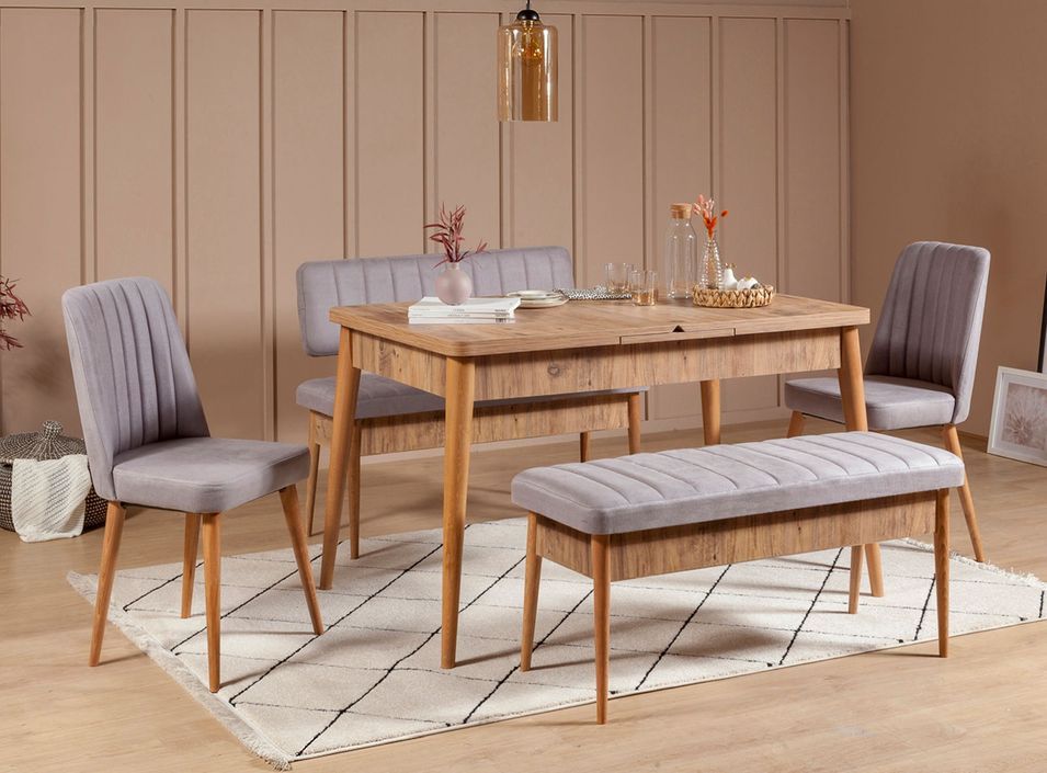 Ensemble table extensible 2 chaises et 2 bancs bois naturel et tissu gris Mariva - Photo n°1